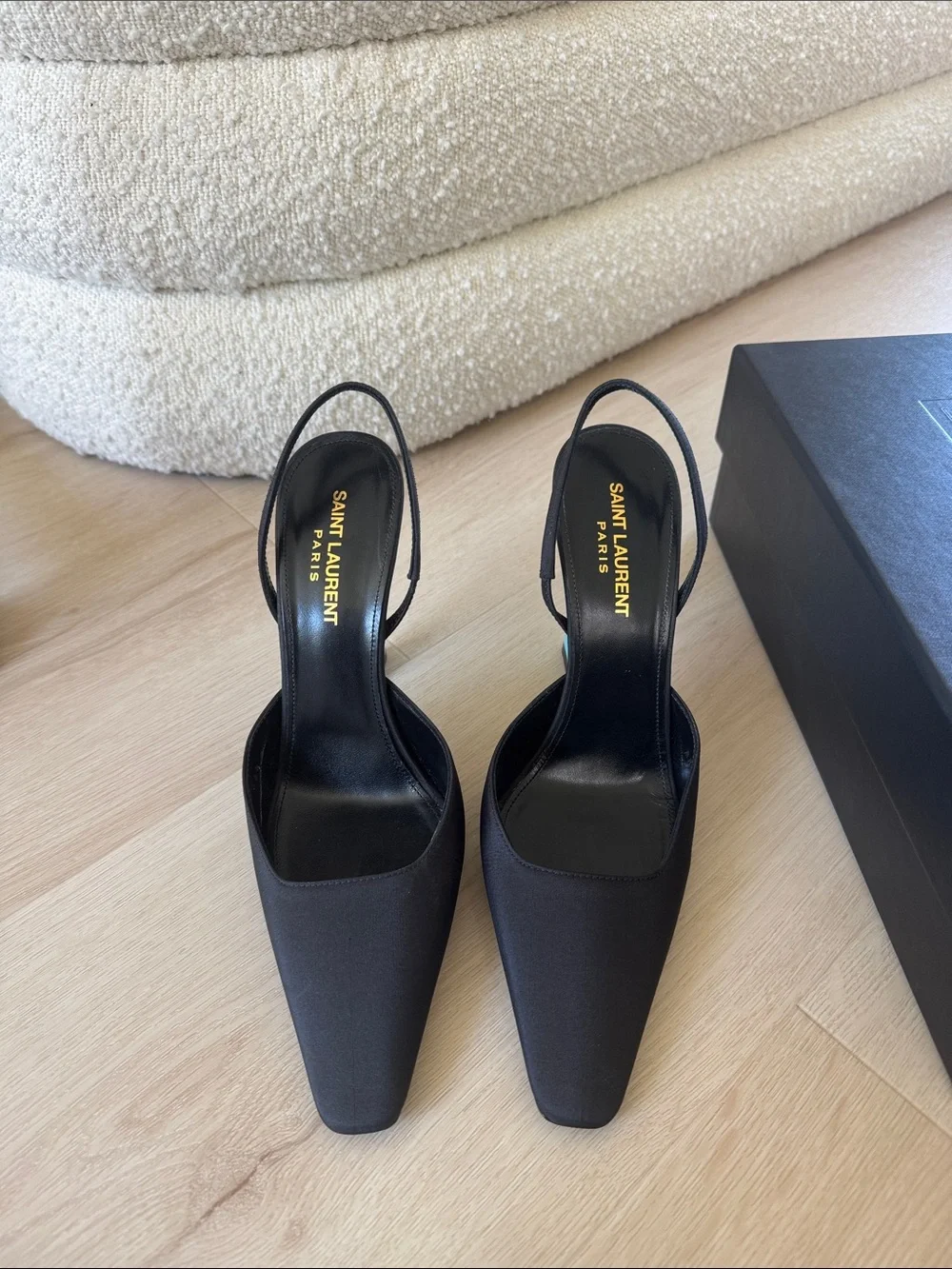 Saint Laurent Black Slingback Pumps with Turquoise Heel - Picture 2 of 6